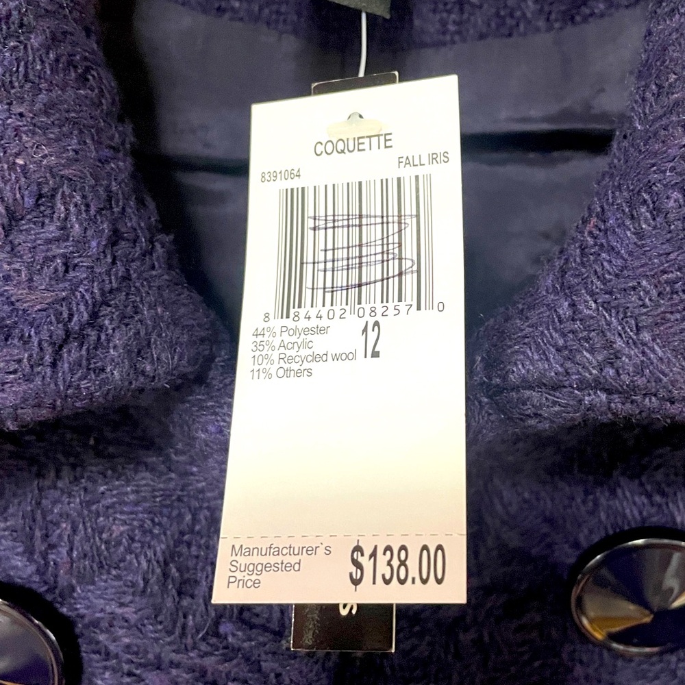 NWT Grace Elements Purple Wool-Blend Black Button Hook & Eye Closure Jacket Sz12 - Picture 4 of 6